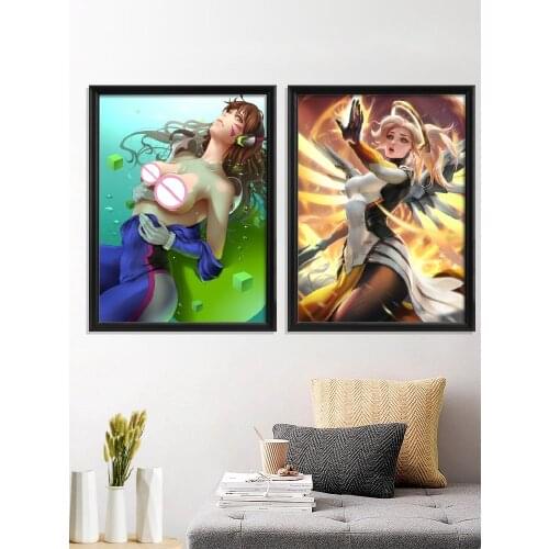 Mercy Angle D.va Anime Caitlyn Widowmaker Video Game Sexy Nude Kawaii Art-Poster Custom Living-Bedroom Canvas Wall Silk Prints