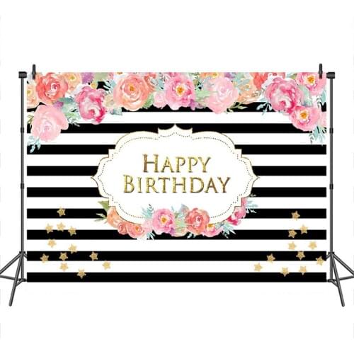 Neoback Happy Birthday Photographic Background Flower Black and white stripes Chirldren Pattern Custom Background for Photo