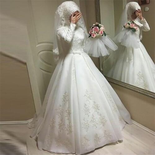 Muslim Lace Wedding Dresses Long Elegant Bride Saudi Arabic Design Applique Gown Bride Embroidery Wedding Dresses