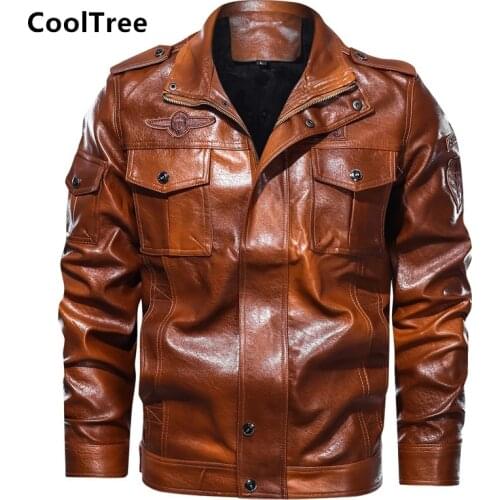 CoolTree Men Leather Jacket Autumn Winter Multi-pocket Solid color Windproof PU Coats Male Vintage Motorcycle leather Outerwear