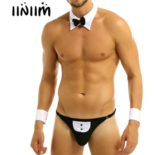 Mens Waiter Maid Lingerie Exotic Costumes Jockstraps Bulge Pouch Sissy Bowknot Tuxedo Gay Sexy Briefs Underwear with Bow Tie