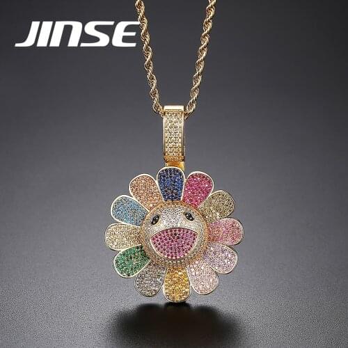 JINSE Hip Hop Sunflower Smiley Iced Pendant Necklace For Men Cubic Zircon Gold Color Mens Necklace Jewelry Rope Chian male