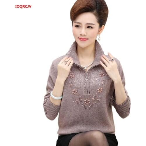 Large Size Middle-aged Womens Pullover Sweaters Autumn Long-sleeved Lapel Zipper Knitting Tops Casual Wool Sweater Coat W1786