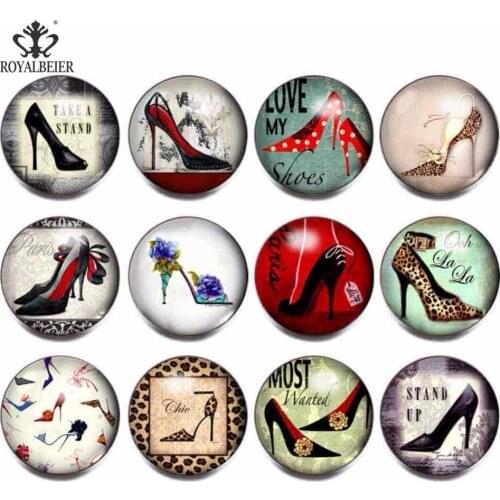 RoyalBeier Queen High Heels Snap Buttons 12pcs/Lot 18mm Cabochon Glass Snaps Fit DIY Bracelets For Charm Unisex Jewelry Bijoux