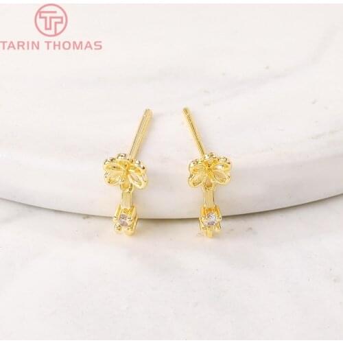 4PCS 11x15MM 24K Gold Color Brass with Zircon Flower Stud Earrings with Half Pins High Quality Diy Jewelry Findings Accessories