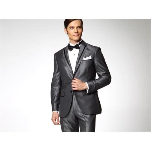 Custom Made Groom Tuxedos Shiny Grey Groomsmen Notch Lapel Men Wedding Suits Best Mens Suit (Jacket+Pants+Bow Tie) B615