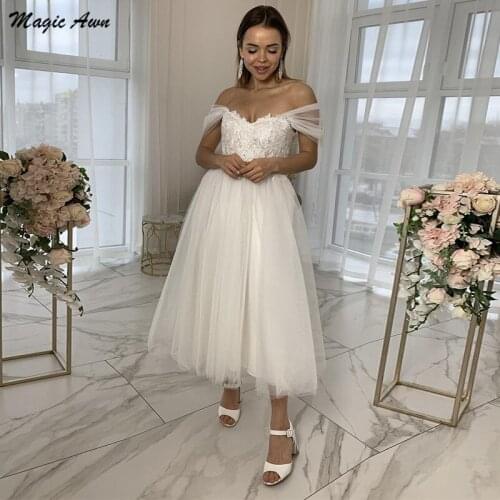 Magic Awn Boho Off The Shoulder Wedding Dresses Lace Appliques Tea-Length Country Engagement Party Gowns Lace-Up Back Vestidos