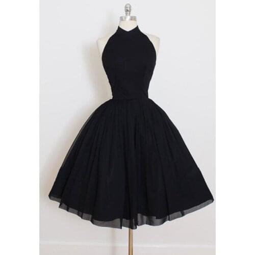 Vintage Short Black Chiffon Halter Homecoming Dresses with Pockets A-Line Knee Length Backless Graduation Dresses for Teens