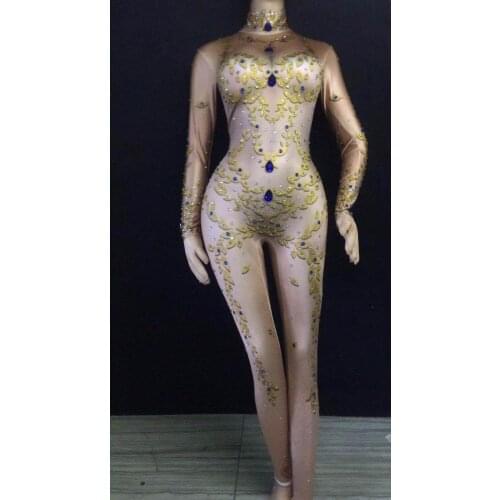 Bright Rhinestones Gold Jumpsuit Stretch Leggings Nightclub Singer Dancer Show Wear Womens Prom Party Sexy Festival Bodysuit DJ