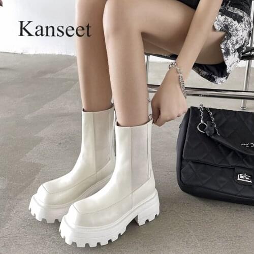 Kanseet Zipper Ankle Boots Women 2021 New Autumn Winter Cow Leather Chunky Heels High Quality Female Short Boots White Size 40