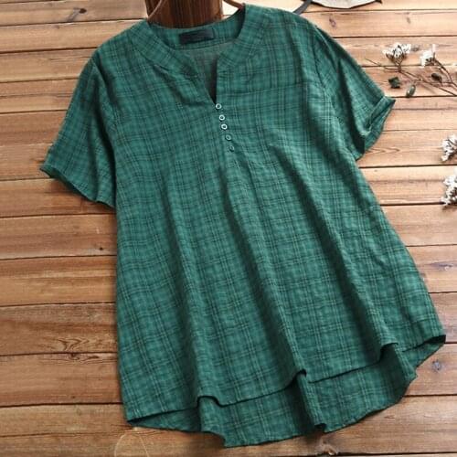 2020 Summer Blouses For Women Casual Plaid V Neck Short Sleeve Female Tunic Plus Size Cotton Loose Womens Tops And Blouses Shirt