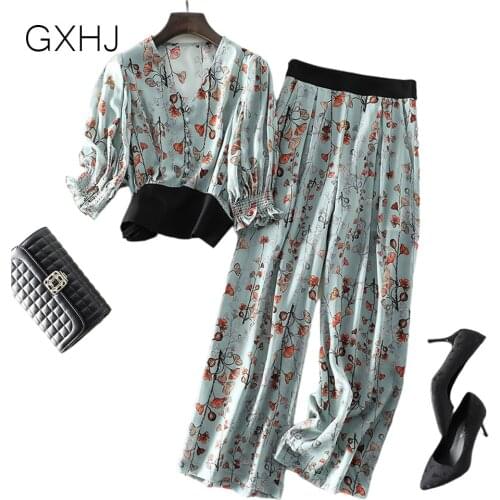 S-5XL Floral Hepburn style summer 2021 new womens loose wide-leg pants two-piece suit Printed fashion elegant trousers summer