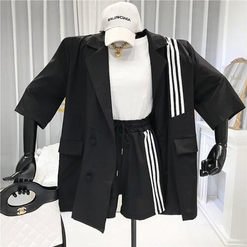 ALPHALMODA 2020 Summer Women Fashion Outfit + Wide Leg Shorts 2pcs Casual Suit Ladies Striped Sporty Jacket Shorts