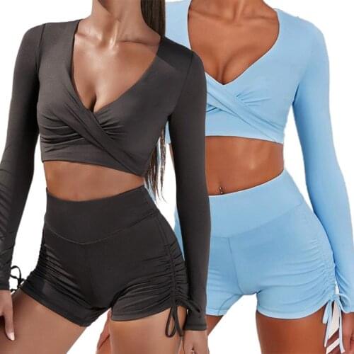 Women Autumn 2 Piece Sports Outfits Set Long Sleeve Twist Wrap V-Neck Cropped Top High Waist Ruched Drawstring Shorts Tracksuit