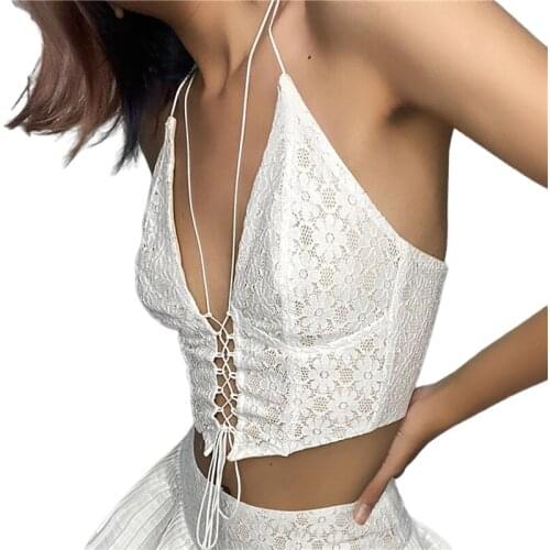 2021 Fashion Trend Women Lace-up Camisole Sexy Sleeveless Halter Neck Solid Color Floral Lace Crop Cami Tops for Summer