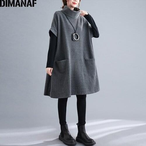 DIMANAF Oversize Thick Cotton Striped Dress Turtleneck Loose Casual Vintage Pockets Dress Pullover Women Clothing Winter Autumn