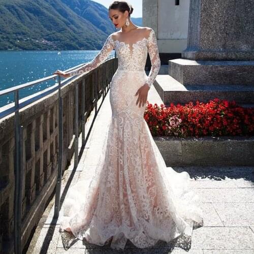 Custom Made Long Sleeve See Through Illusion Mermaid Wedding Dress Vestido De Noiva Sereia Buttons Up Lace Elegant Trumpet Gowns