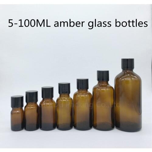 5ml 10ml 15ml 20ml 30ML 50ml 100ml amber Glass Bottle, Vials Essential Oil Bottle with black cap Perfume bottle 100pcs
