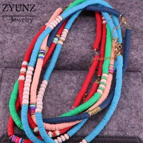 6PCS, Multicolor Polymer Clay Beads Necklaces, Fashion Beaded Layering Choker Necklace