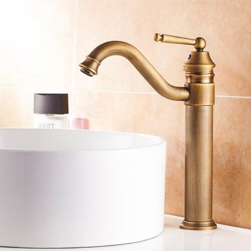 Antique Brass Swivel Spout Single Hole Basin Faucet Deck Mounted Vanity Sink Mixer Tap KD718