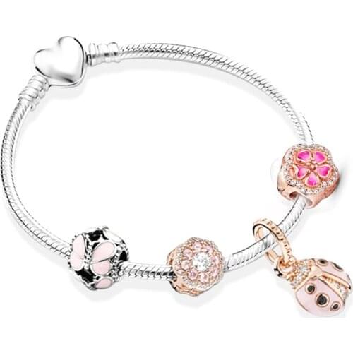 Bracelet Spring Series DIY Peach blossom and ladybu Charm Bracelet for Women girl Gift Rose Gold Fine Bracelets