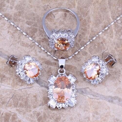 Champagne Morganite White CZ Silver Plated Jewelry Sets Earrings Pendant Ring Size 6 / 7 / 8 / 9 / 10 S0080