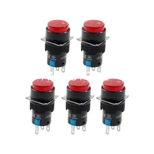 DC 12V 5P Red Light Momentary Panel Mount Round Push Button Switches 16mm Mounting Hole