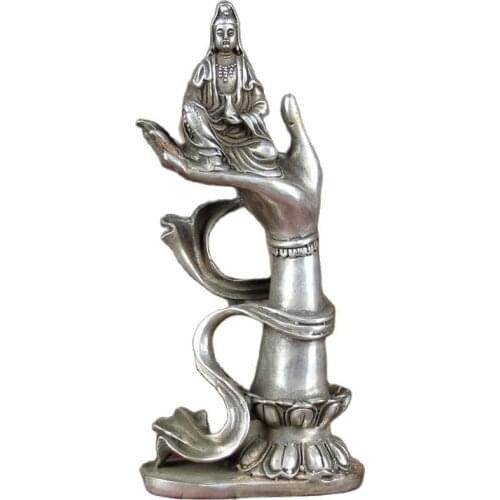 China Old Feng Shui Ornaments Silver Plating Hand Of Buddha On Guanyin Statue