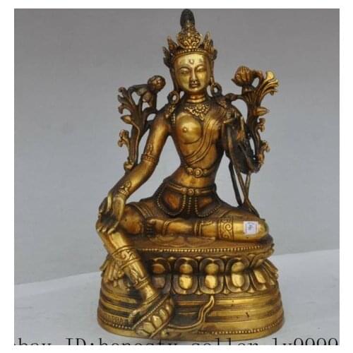 China buddhism bronze gilt lotus green Tara Kwan-Yin Bodhisattva goddess statue