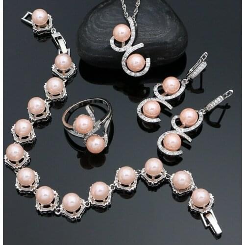 925 Sterling Silver Bridal Jewelry Set Pink Pearl Ring Pendant Necklace Bracelet Earrings for Womens Anniversary Accessories