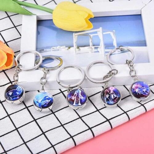 Creative 12 Constellation Keychain Sign Keychains Glass Ball Pendant Key Rings For Women Men Gift