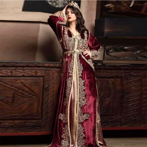 Moroccan Kaftan Burgundy Long Sleeve Evening Dress With Gold Appliques Lace Islamic Dubai Muslim Prom Gown Formal Party Dresses