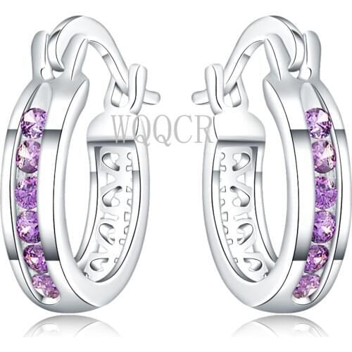 Fashion 925 Sterling Silver CZ Crystal Color Purple Zircon Earrings Large Hollow Round Earrings Engraved Pendant Gift For Women