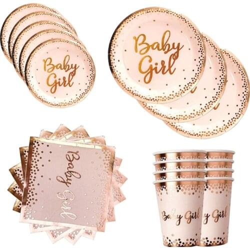 Rose Gold Tableware Set Baby Girl Plate Baby Shower Party 1th Birthday Party Supplies One Year Birthday Girl Baby 1 Year Decor