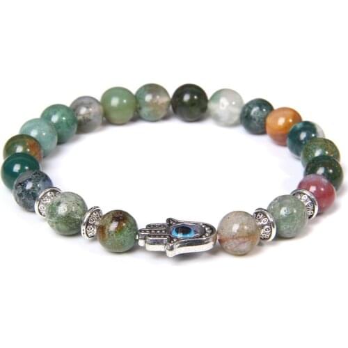 Natural 8mm blue lace Indian Agates lava picture Stone Bead Bracelet metal Fatima charm Bracelet Demon Eye Amulet Bracelet