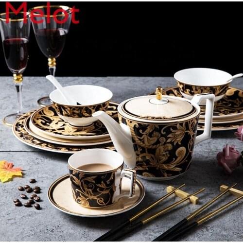 New Design Ceramic Plates Luxury Black Gold Dinner Set Bone China Dinnerware Sets Luxury Porcelain Tableware