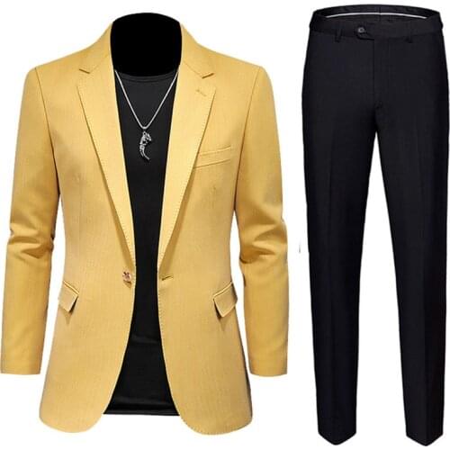 Fashionable Youth Men Wedding Party Casual Suit Large Size 5XL Yellow Twill Single-breasted Anti-wrinkle Blazers and Black Pants