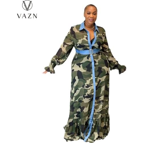 VAZN 2021 Autumn Plus Size High-end Upsurge Camouflage Young Sexy Full Sleeve Long Loose Maxi Dress Women For Evening Robe