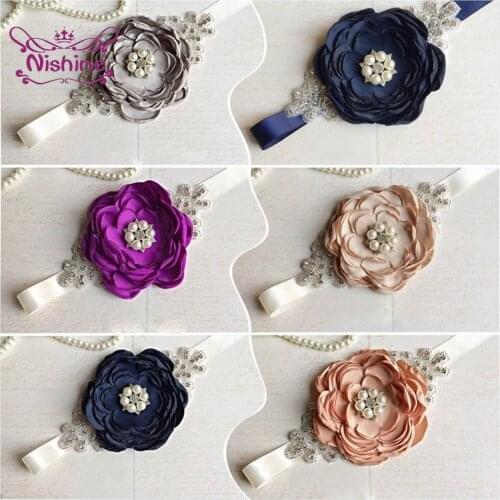 Nishine Solid Color Roast Floral Women Belts Shining Rhinestone Maternity Waistband Bridesmaids Dress Sash Lovely Birthday Gifts