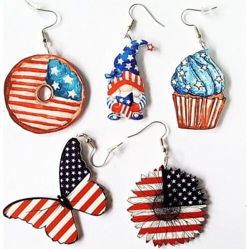 2021 Wholesale American Independence Day Earrings Dyed Sunflower Donut Flag Festival Butterfly Honey Dwarf Doll Earrings