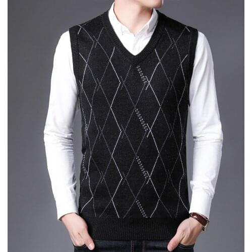 Wool sweater vest mens cashmere pullover men V-neck plaid sweaters 2020 thicken warm sleeveless sweaters