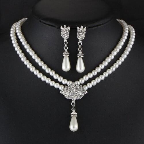 Bridal Jewelry Sets Silver Color Necklace Earrings Sets Pearl Rhinestone Wedding Jewelry Parure Bijoux Femme OL Dress Accessori