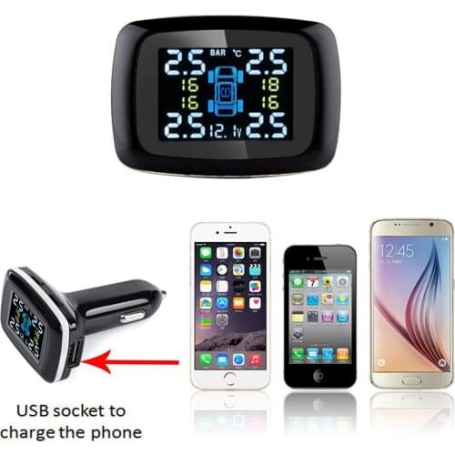 TPMS have USB socket in monitor , LCD Auto Tyre Car Tire Pressure Monitoring System Monitor Pressure Gauge with 4 Sensors