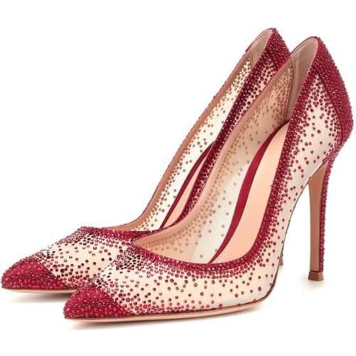 Crystal Thin High Heel Pumps Red Women Wedding Shoes Sexy Pointed Toe Slip On High Heeled Dress Women Pumps Slip On Crystal Shoe