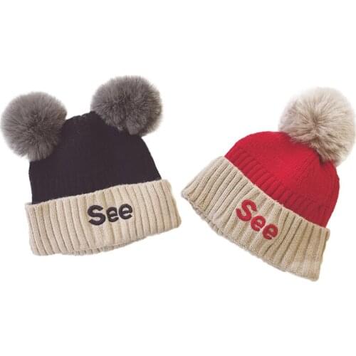 New Baby Knitted Cap Fashion Boys And Girls Autumn Winter Outdoor Keep Warm Hairball Hat Windproof Ear Protectors Caps TG0170