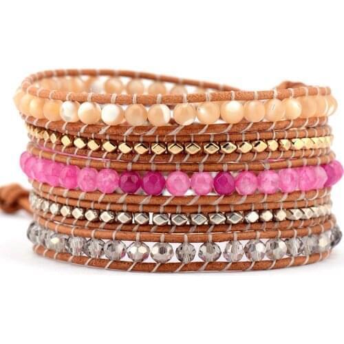Top Quality Mixed Stones Crystals 5 Layered Leather Wrap BraceletsFashion Weaving Beaded Bracelet Dropship Bohemia Jewelry