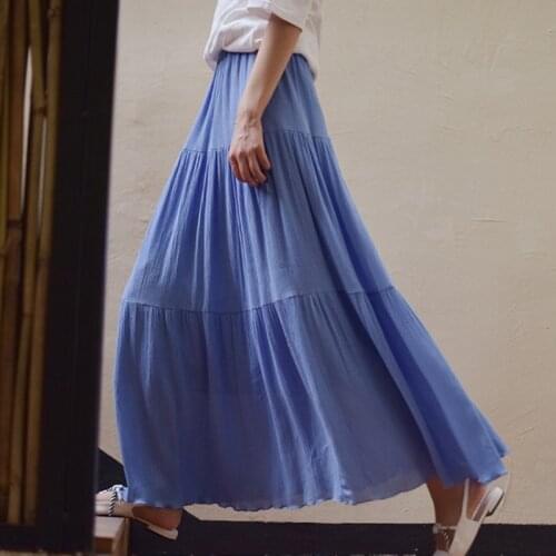 Women Blue Long Skirt Women Boho Womens Skirts Female Casual Summer Cotton Linen Skirt Elastic Waist Women Maxi Long Skirts 9934