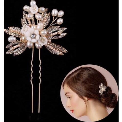 Rhinestone Pearl Leaves Flower Hair Sticks Hairpins Women Girl Tiaras Headpiece Head Jewelry Bride Wedding Hair Accessories SL