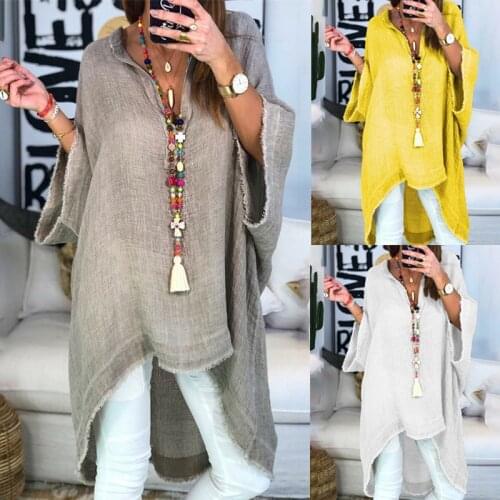 2021 Womens New Style Loose Casual Linen Shirt Nine-quarter Sleeve Long Female Fringe Cotton Shirt and Bohemian V-neck Top