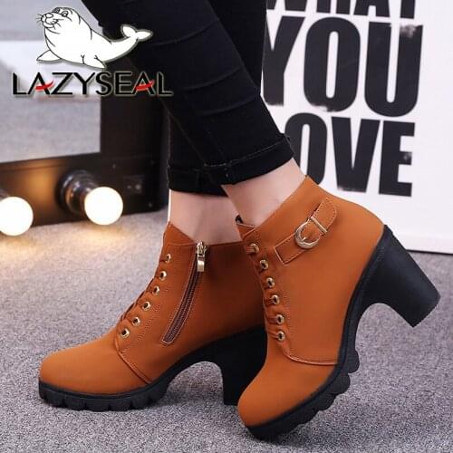 LazySea 2021 Autumn Winte Lace-up Buckle Shoes Women Short Boot Brown Decorate Non-slip Sole Square Heel Booties Big Size 42